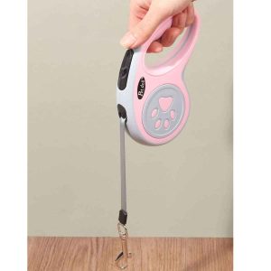 correa retractil 5 metros rosa y gris