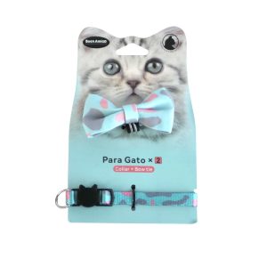 collar y corbatin de moño militar celeste gato