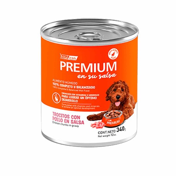 Premium Lata Perro Cachorro Trocitos con Pollo en Salsa