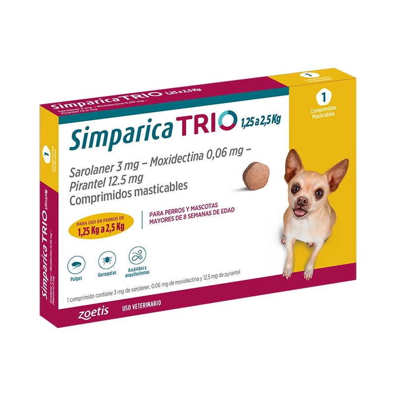 Simparica-Trio-1.25-2.5-Kg-1-Dosis-Masticable Simparica trio 1,25 Kgs a 2,5 Kgs - Imagen 1